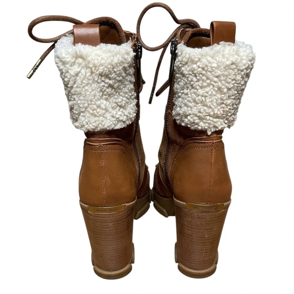 Michael Kors Ridley Leather And Sherpa Lace Up Boots Size 6.5 Women’s Brown